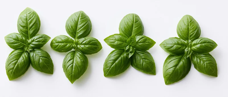 Four clusters of fresh basil leaves arranged in a horizontal row on a white background