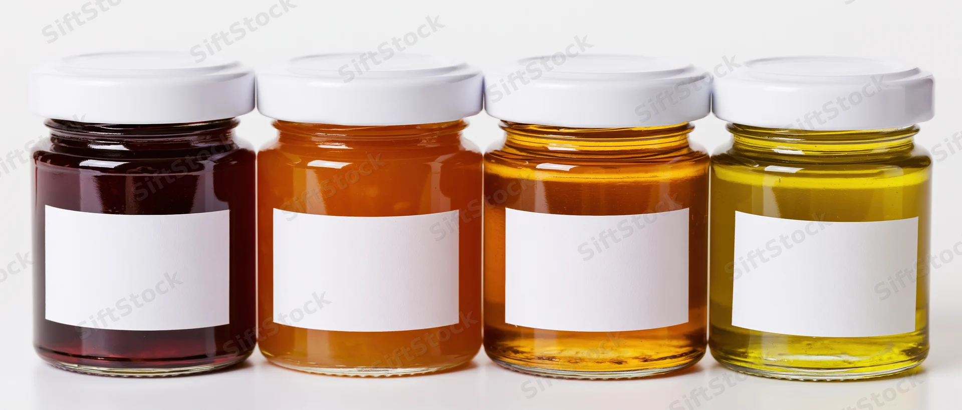 Four glass jars of honey in varying shades lined up on a white surface with blank labels