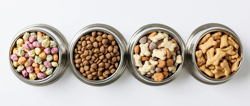 Four stainless steel dog bowls in a row filled with different types of dog food and treats on a white background