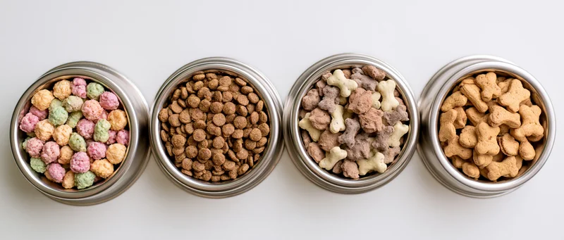 Four stainless steel dog bowls in a row filled with different types of dog food on a white surface