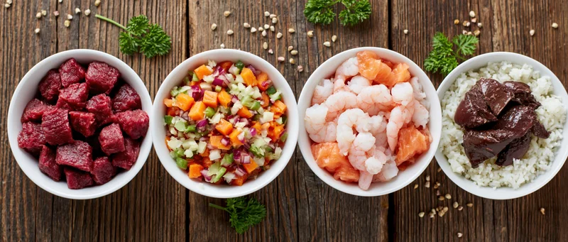 Four white bowls with different protein and vegetable dishes arranged in a row on a wooden table