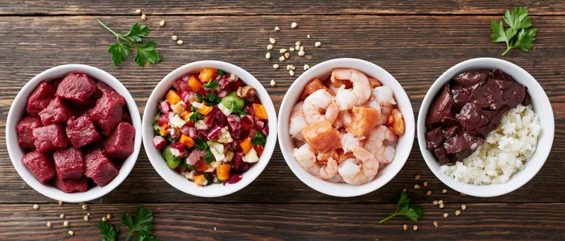 Four white bowls with beef, shrimp, rice, and vegetable salad arranged in a row on a wooden table