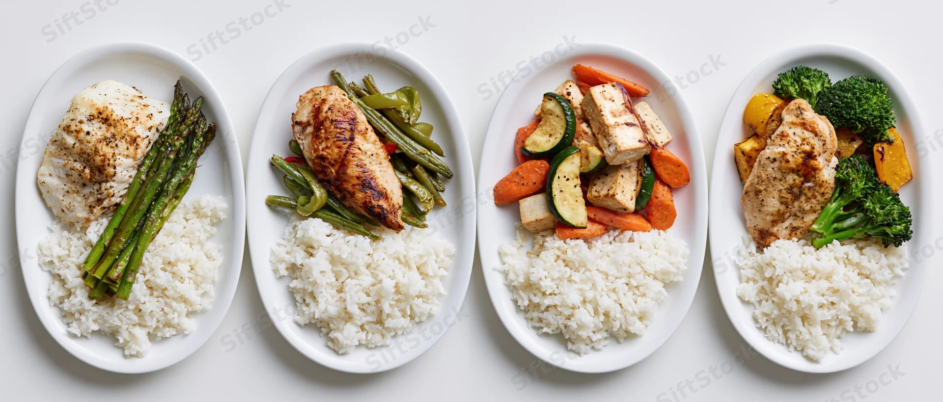 Four white ceramic plates with different protein and vegetable meals arranged side by side in a flat lay on a white surface