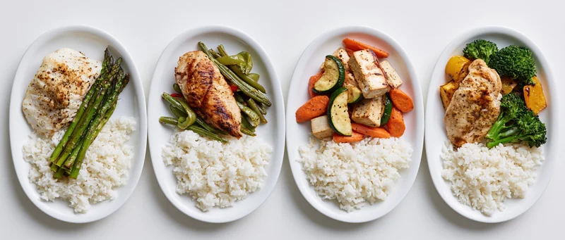 Four white ceramic plates with different protein and vegetable meals arranged side by side in a flat lay on a white surface