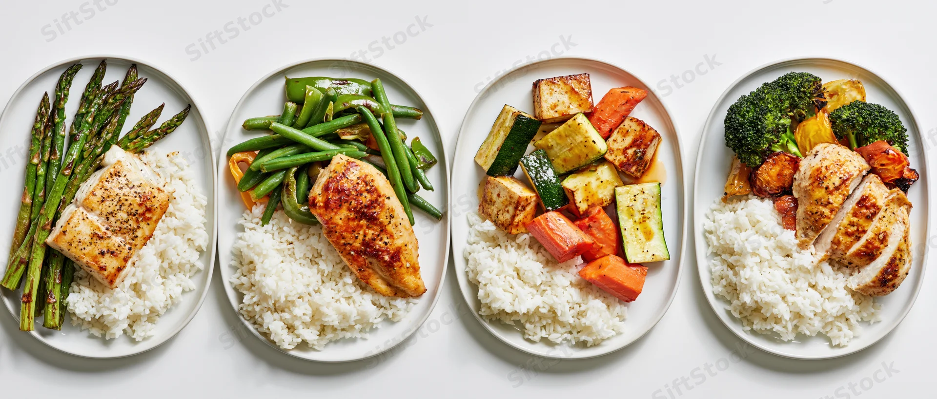 Four plates with rice, vegetables, and protein arranged side by side in a flat lay