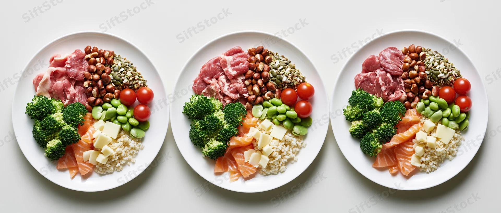 Three identical plates with salmon, meat, broccoli, tomatoes, edamame, quinoa, nuts and seeds arranged side by side on white surface