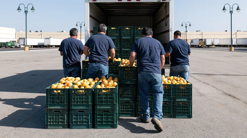 Four workers unloading crates of oranges from a truck in a warehouse parking lot