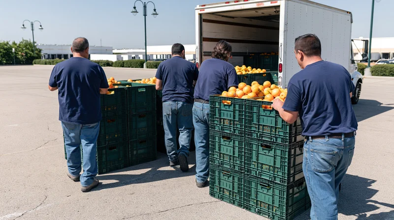 Four workers in navy blue shirts and jeans unloading stacked crates of oranges from a truck in a warehouse parking lot