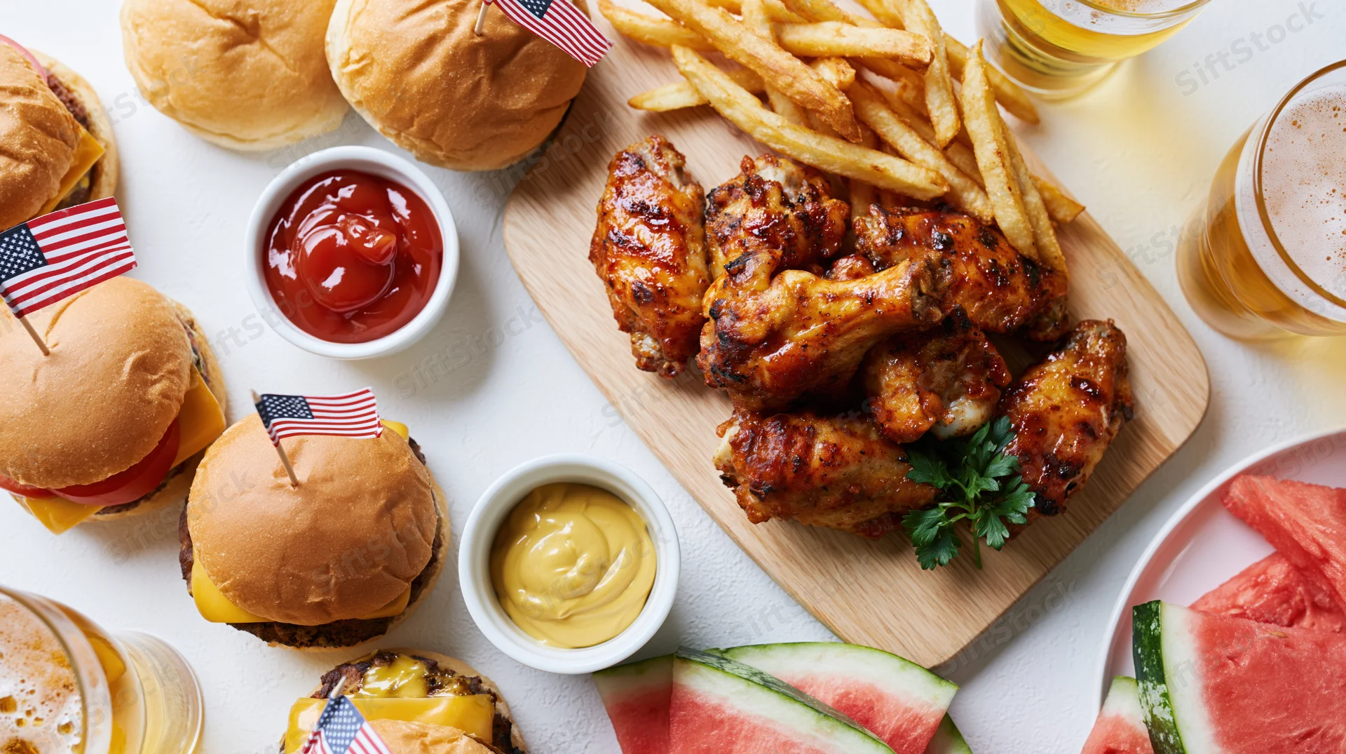 Fourth of july party food spread with burgers, chicken wings, fries, condiments and beer on white surface
