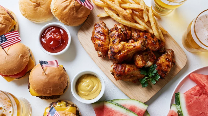 Fourth of july party food spread with burgers, chicken wings, fries, condiments and beer on white surface