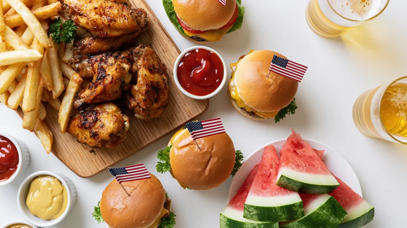 Fourth of july party food spread with burgers, chicken wings, fries, watermelon, and beer on a white table