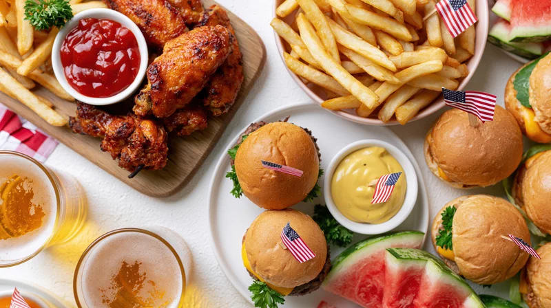 Fourth of july party food spread with burgers, fries, chicken wings, beer and watermelon on a white table