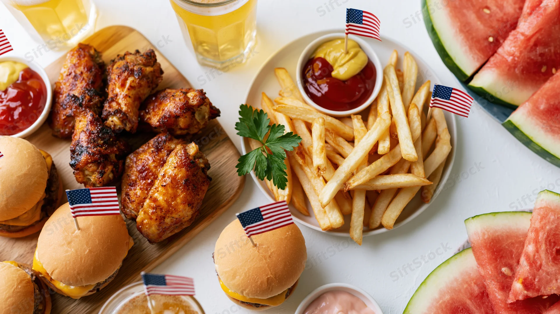 Fourth of july party food spread with burgers, fries, chicken wings, watermelon, and american flags on a white table