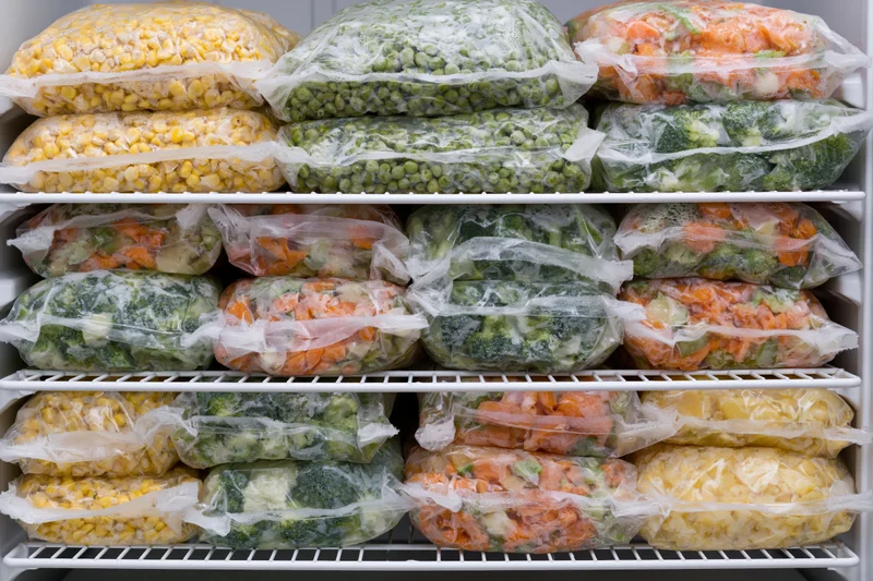 Freezer shelves packed with clear plastic bags of frozen vegetables arranged in rows