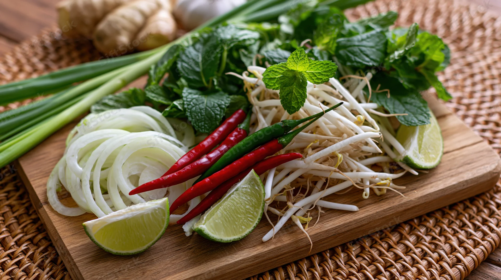 Fresh vietnamese pho garnish ingredients arranged on wooden cutting board