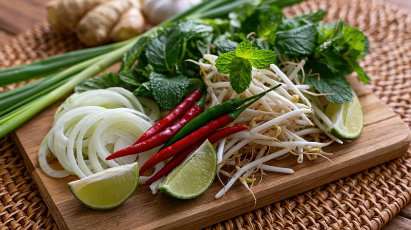 Fresh vietnamese pho garnish ingredients arranged on wooden cutting board