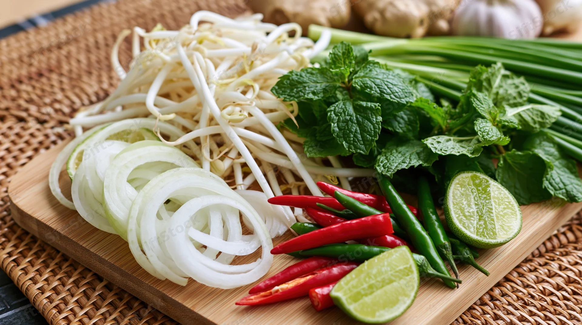 Fresh vietnamese pho garnish ingredients arranged on a wooden cutting board