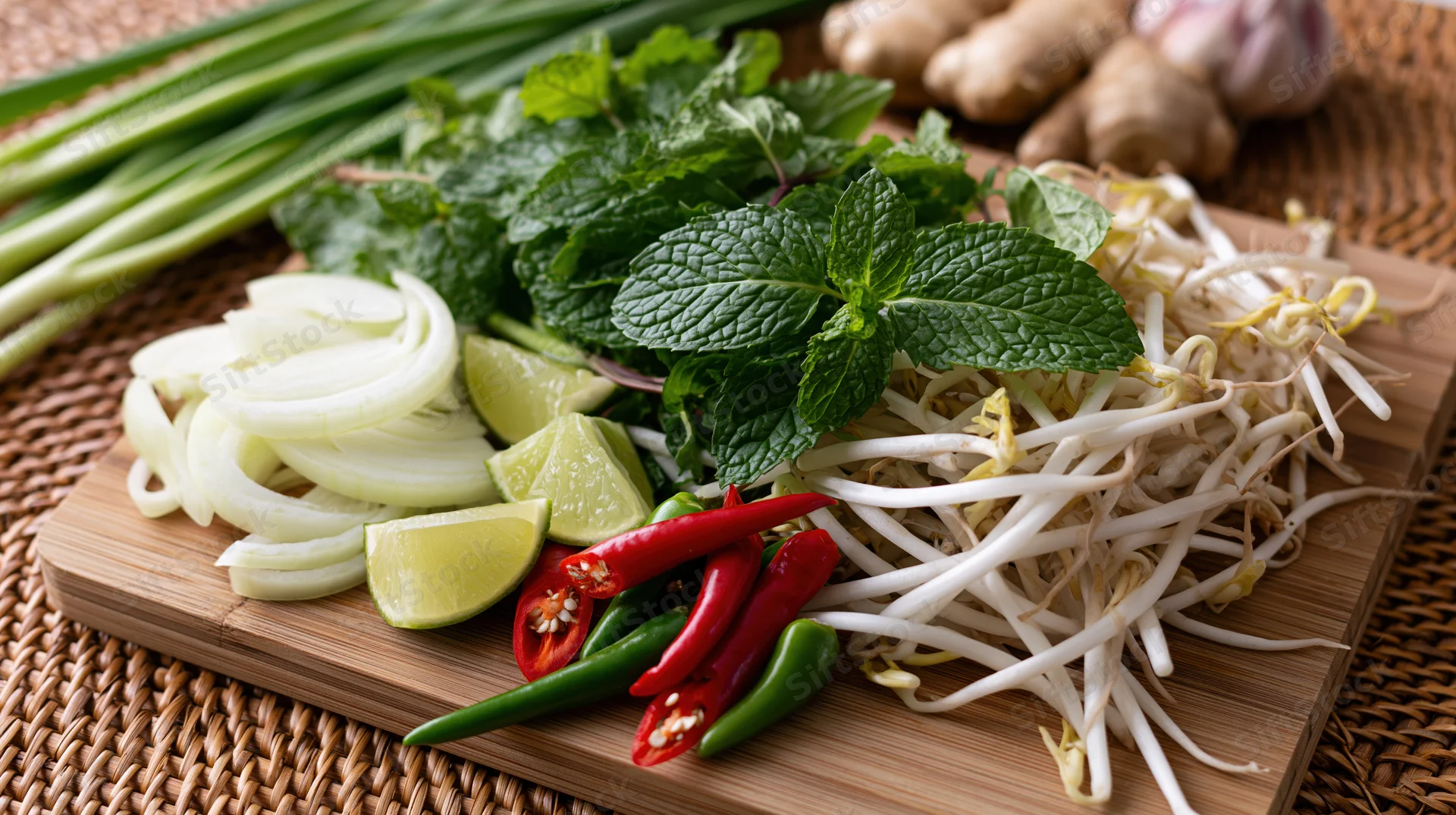 Fresh vietnamese pho garnish ingredients arranged on a wooden cutting board with mint lime onion chili bean sprouts ginger garlic on woven mat