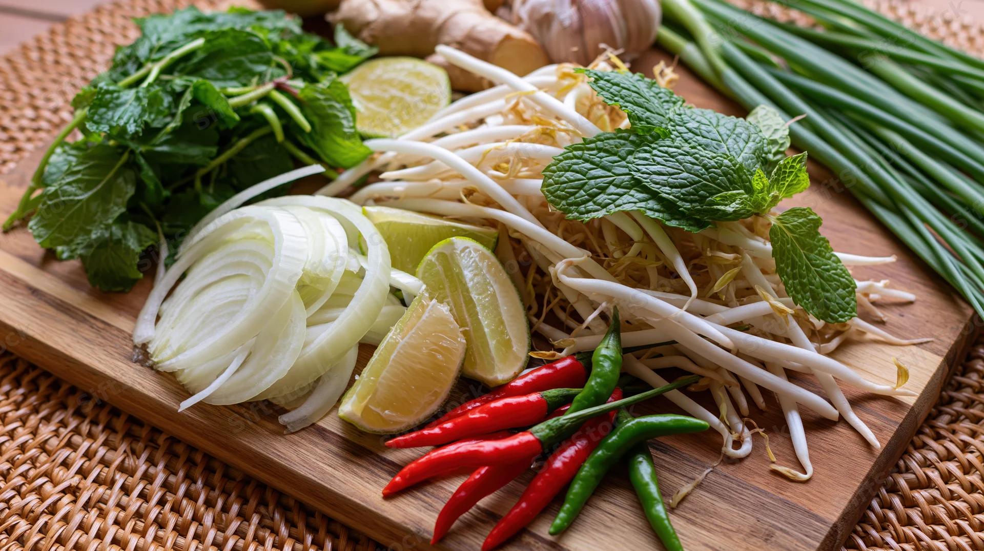 Fresh vietnamese pho garnish ingredients arranged on a wooden cutting board