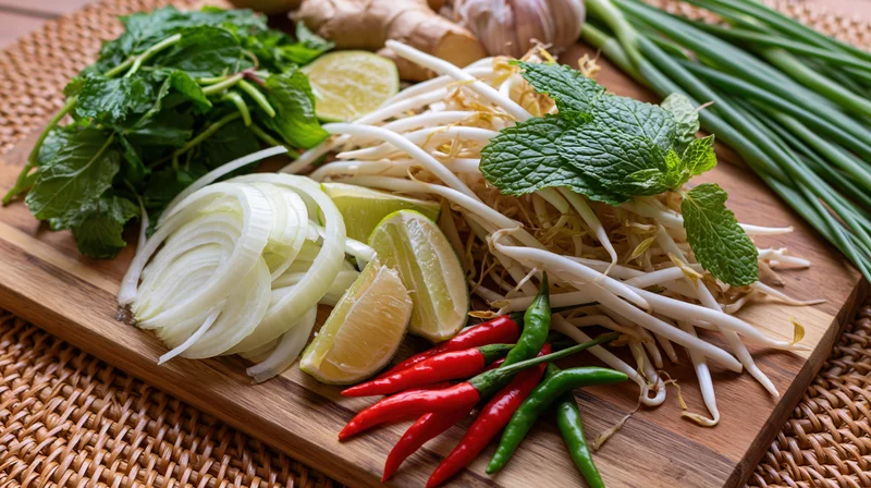Fresh vietnamese pho garnish ingredients arranged on a wooden cutting board