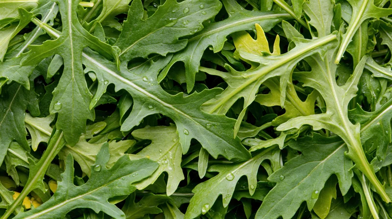 Fresh arugula leaves densely packed filling the frame