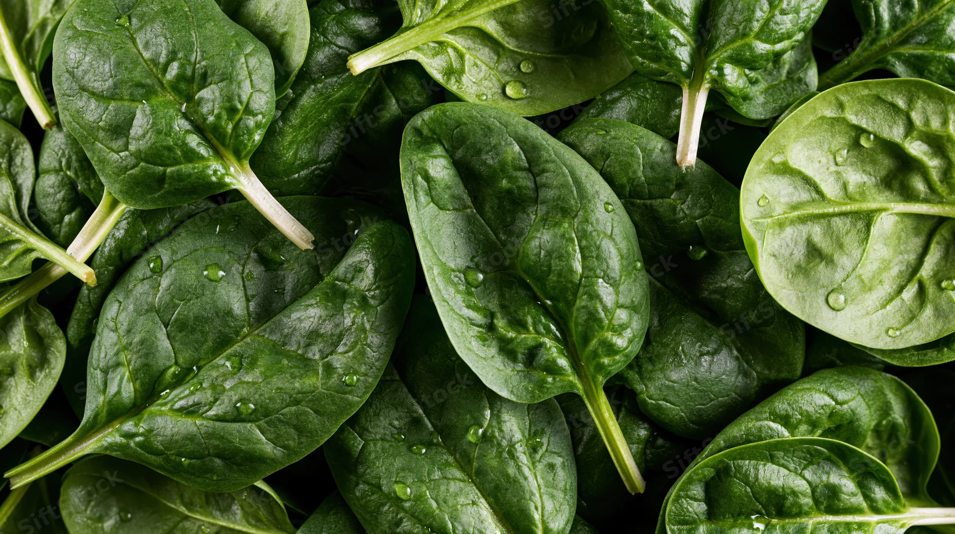 Fresh baby spinach leaves piled loosely filling the frame
