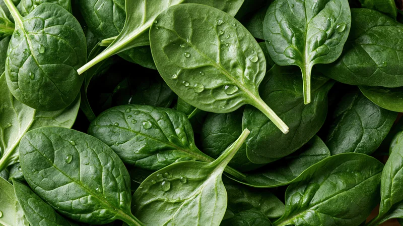 Fresh baby spinach leaves piled loosely filling the frame