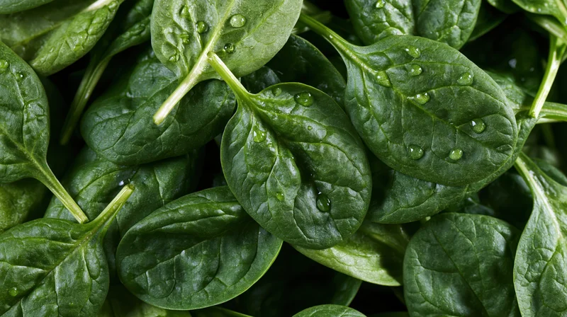 Fresh baby spinach leaves piled loosely filling the frame