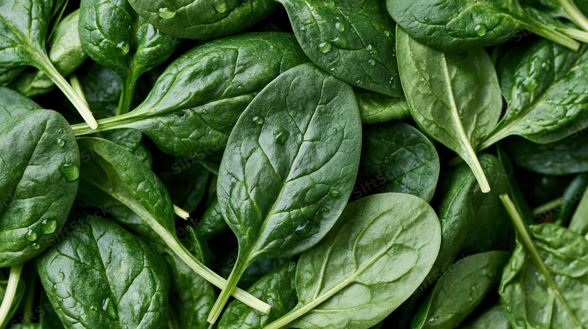 Fresh baby spinach leaves piled loosely filling the frame with water droplets on their surfaces