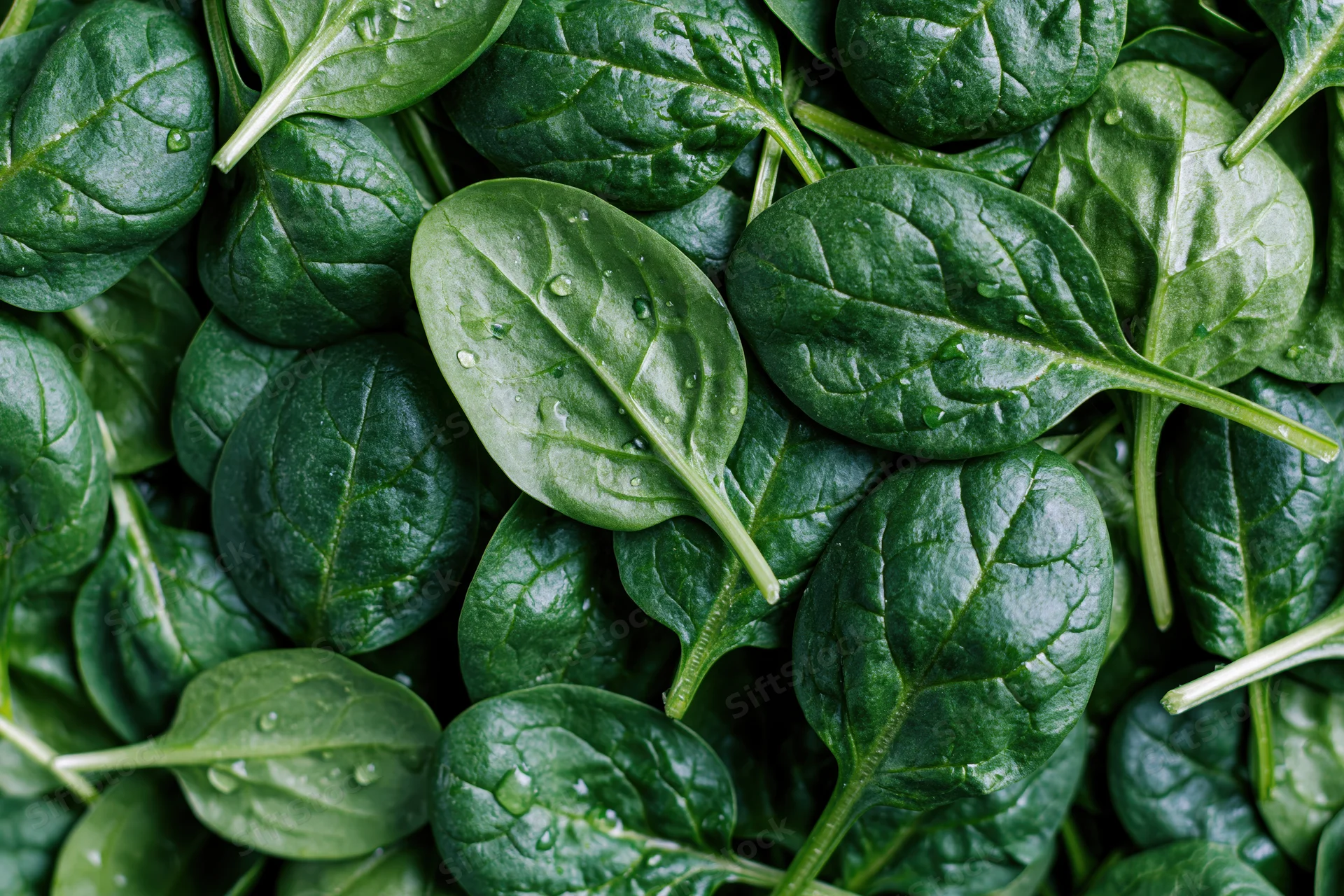 Fresh baby spinach leaves scattered loosely filling the entire frame