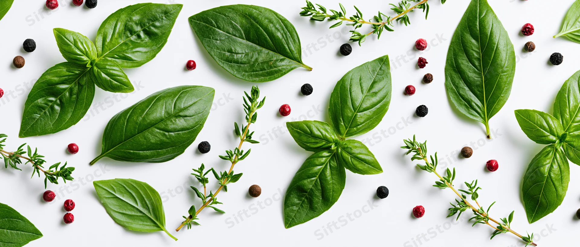 Fresh basil leaves and thyme sprigs scattered with peppercorns on white background