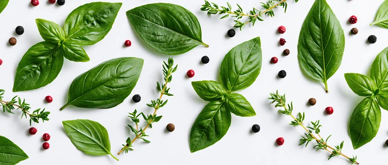 Fresh basil leaves and thyme sprigs scattered with peppercorns on white background
