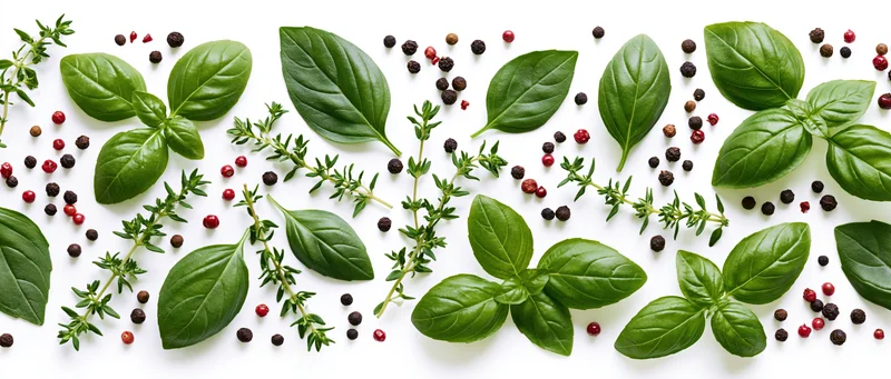 Fresh basil leaves and thyme sprigs scattered with peppercorns on white background