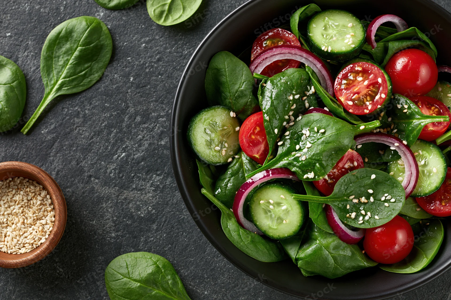 Fresh garden salad with spinach, cucumber, tomato, red onion and sesame seeds in a matte black ceramic bowl on dark stone surface