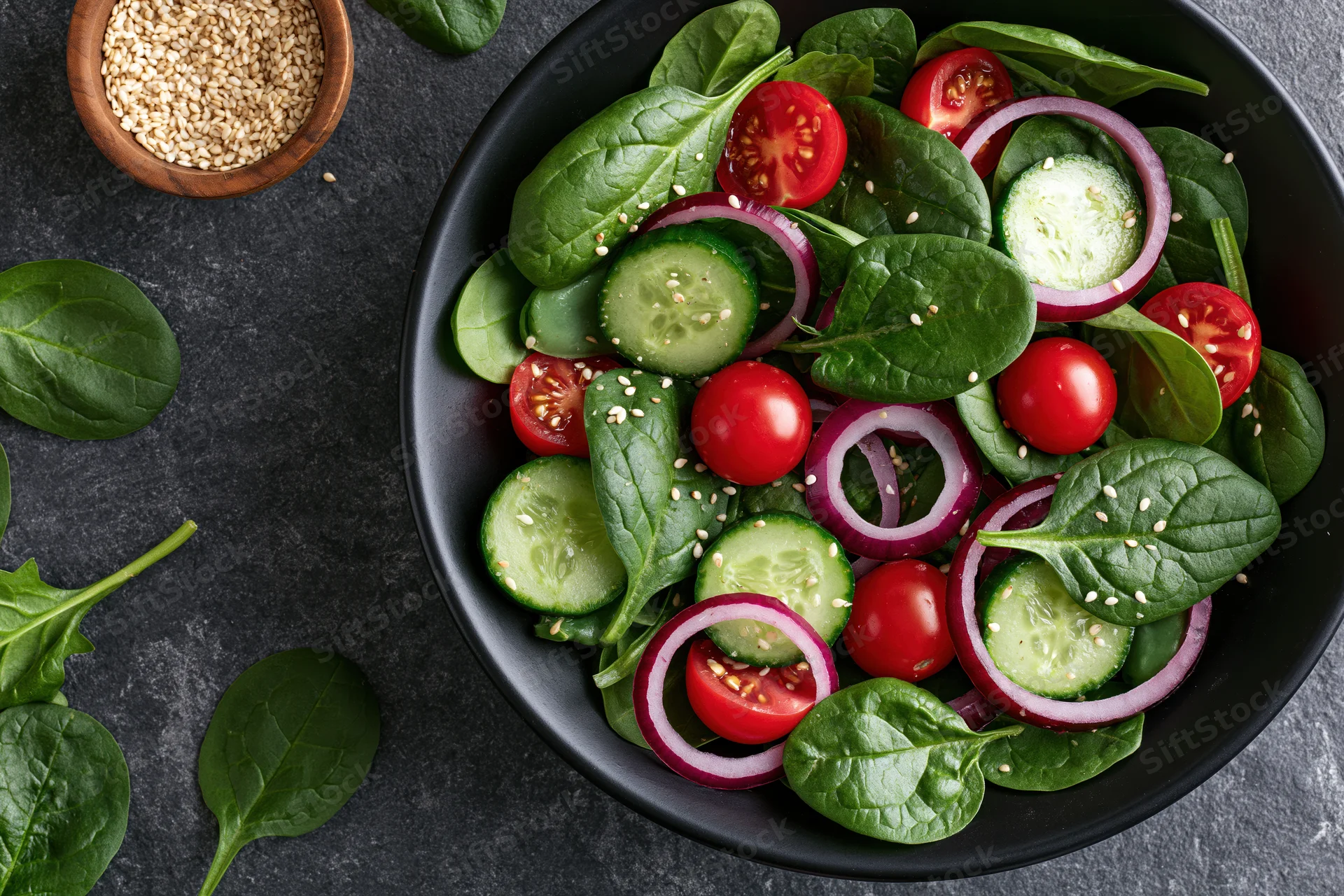 Fresh garden salad with spinach, tomatoes, cucumbers, red onions and sesame seeds in a black ceramic bowl on a dark stone surface
