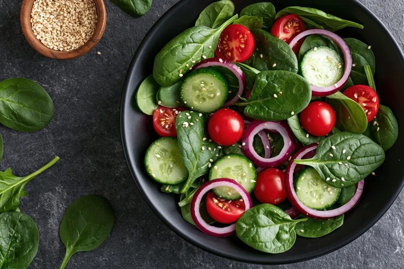 Fresh garden salad with spinach, tomatoes, cucumbers, red onions and sesame seeds in a black ceramic bowl on a dark stone surface
