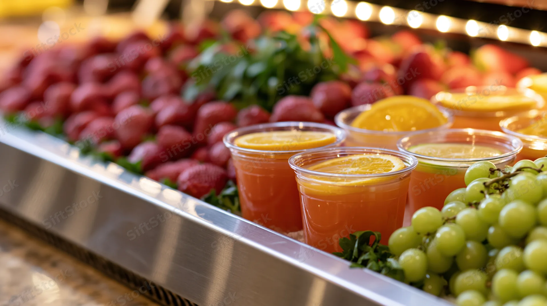 Fruit juice display with plastic cups of orange juice and fresh strawberries, grapes, and oranges on a stainless steel counter