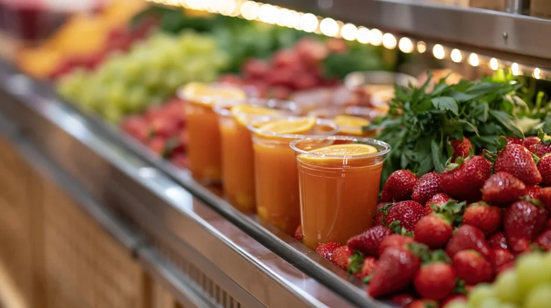 Clear plastic cups of orange juice with fruit slices on a stainless steel counter beside fresh strawberries and grapes at a juice bar display