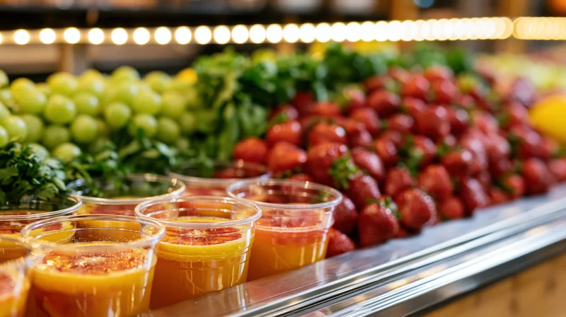 Clear plastic cups of orange juice lined on a counter with fresh strawberries, grapes, and herbs behind them