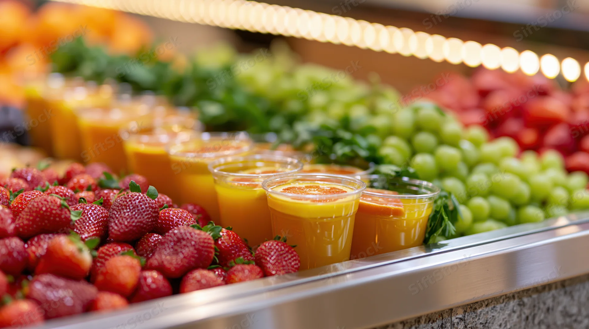 Fresh juice cups and fruit arranged on a bar counter display