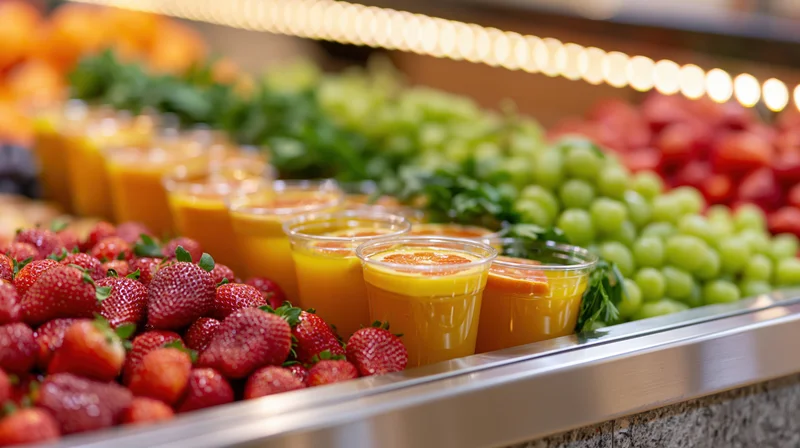 Fresh juice cups and fruit arranged on a bar counter display