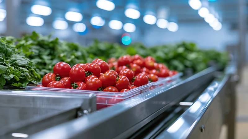 Fresh red tomatoes and green leafy vegetables on a conveyor belt in a food processing facility
