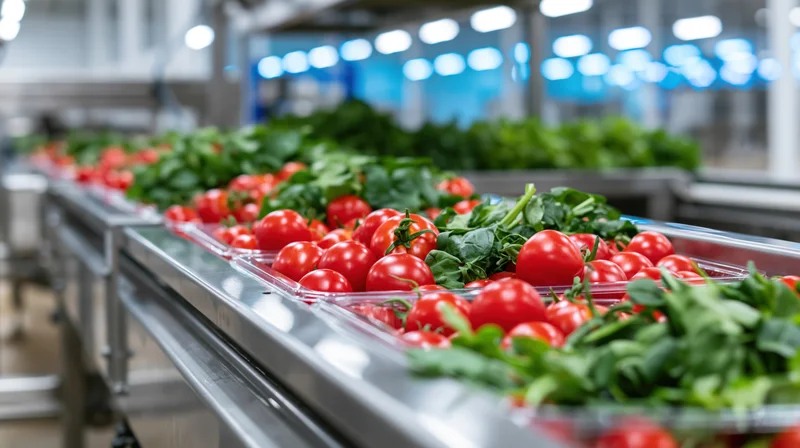 Fresh red tomatoes and green leafy vegetables moving along a conveyor in a food processing factory