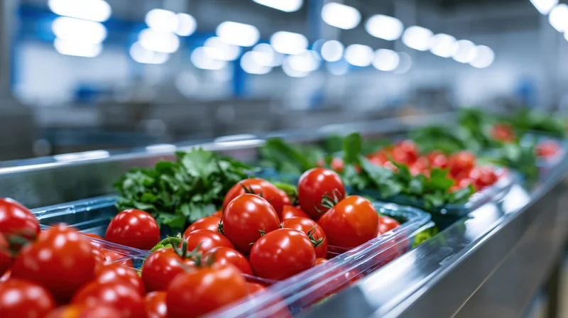 Fresh red tomatoes and green leafy vegetables in plastic containers moving along a conveyor belt in a supermarket produce section