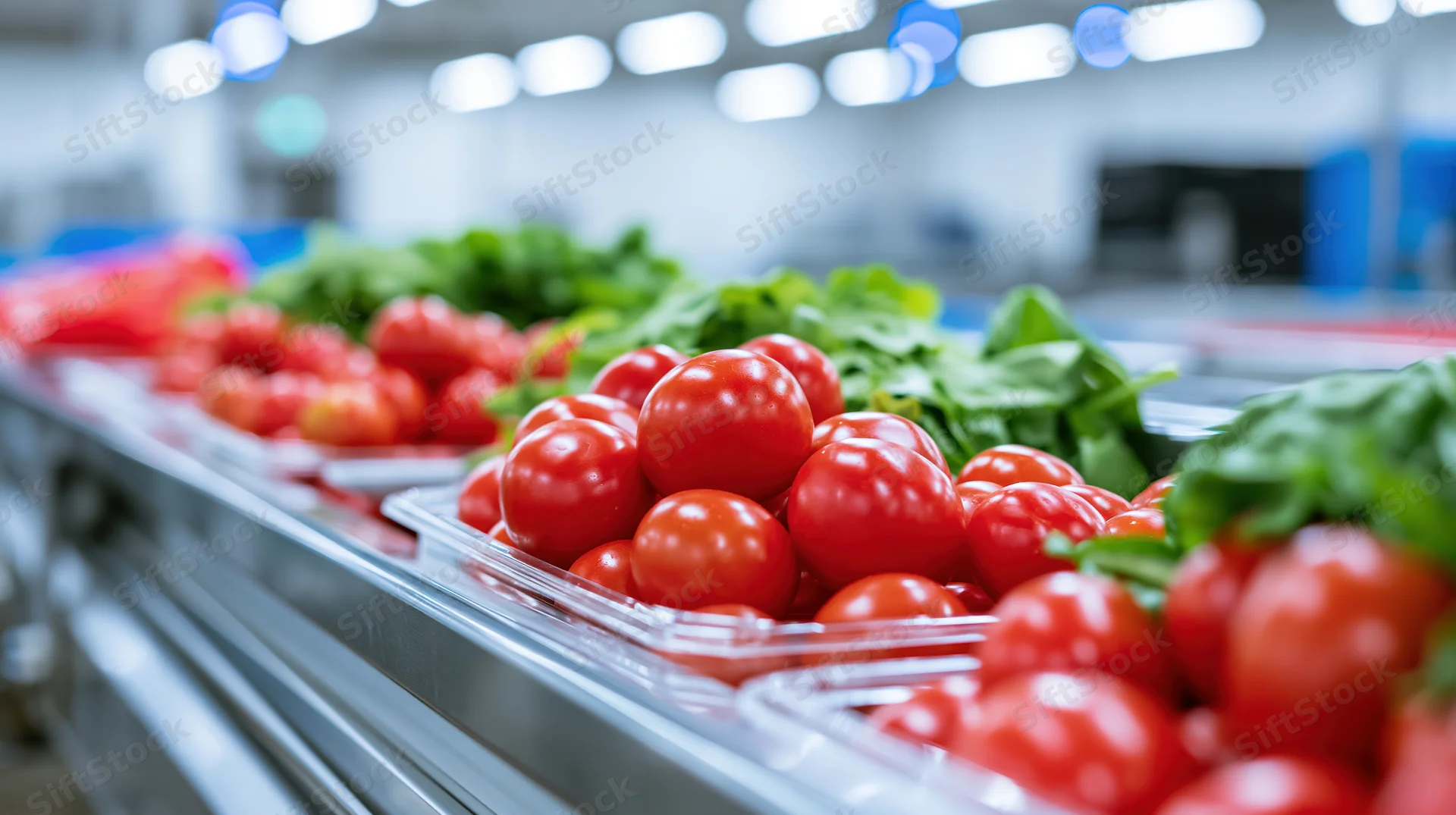 Fresh red tomatoes and green leafy vegetables in plastic containers on a refrigerated supermarket shelf