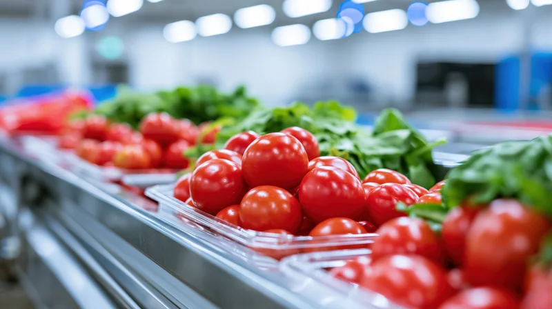 Fresh red tomatoes and green leafy vegetables in plastic containers on a refrigerated supermarket shelf