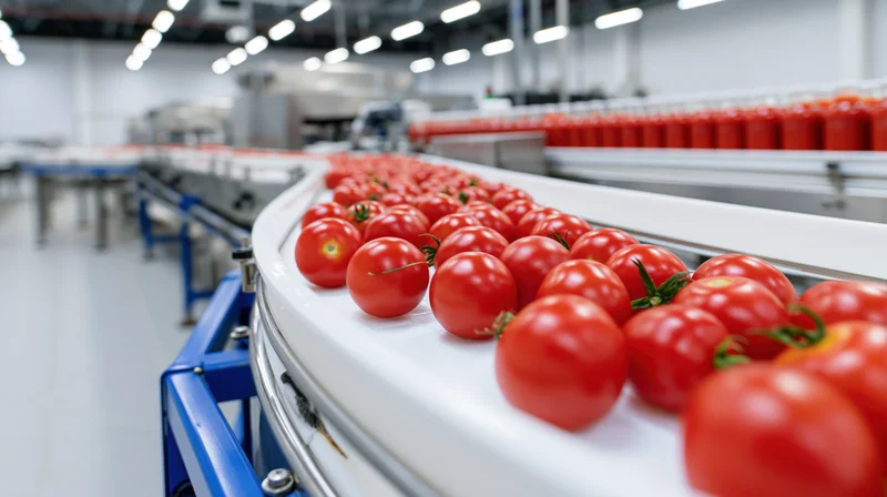 Fresh red tomatoes moving along a curved white conveyor belt in a food processing factory