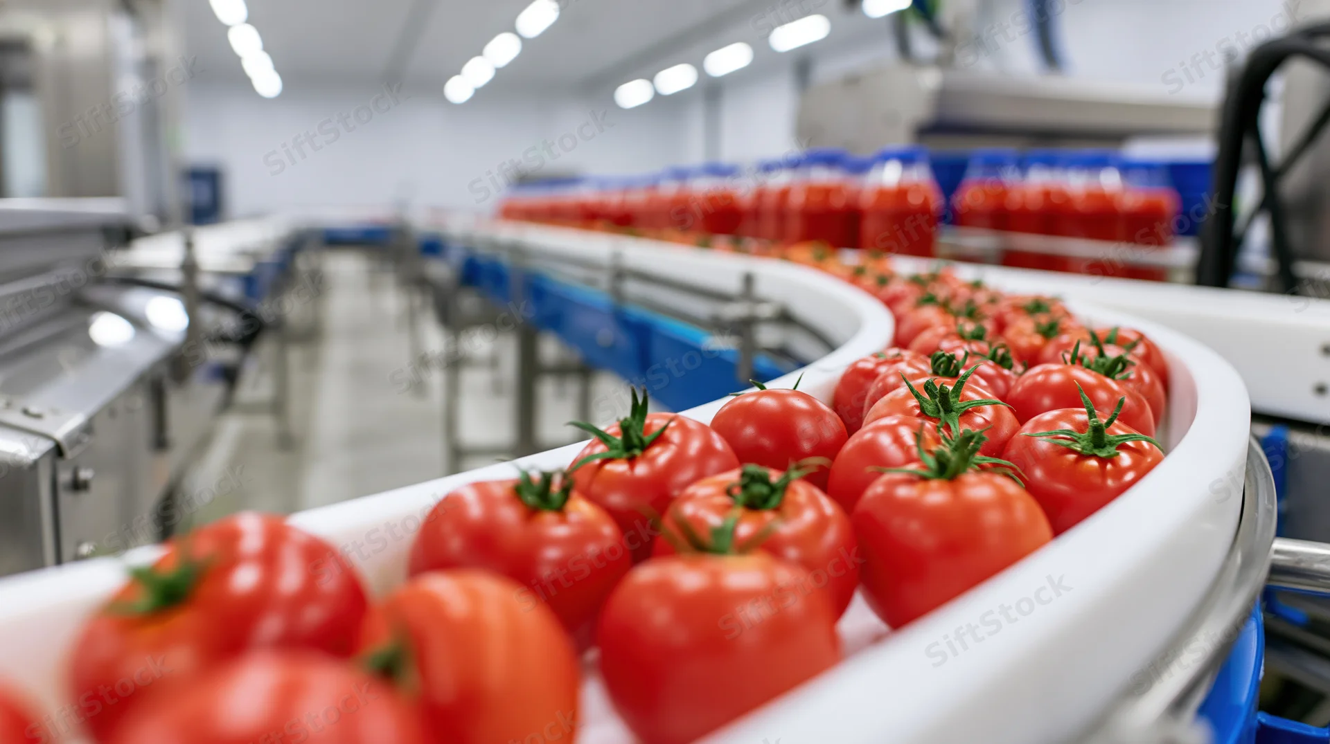 Fresh red tomatoes moving along a curved white conveyor belt in a food processing factory