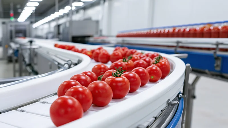 Fresh red tomatoes moving along a curved white conveyor belt in a food processing factory