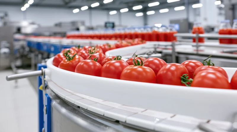 Fresh red tomatoes moving along a curved white conveyor belt in a food processing factory